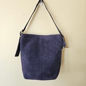 Margot New York Kaye Blue Suede Leather Bucket Tote Shoulder Large Boho Hobo